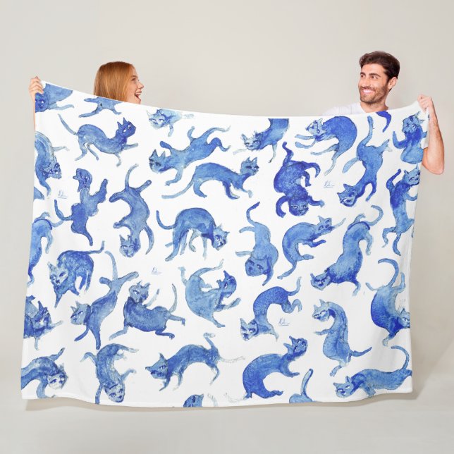 Ming Style Blue Floating Cats Sherpa Blanket by Si (In Situ)