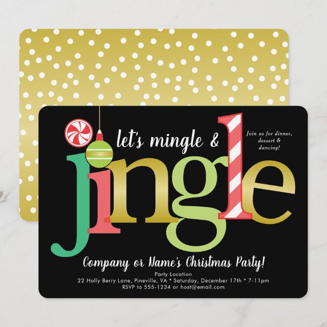 Mingle & Jingle Red Gold Black Christmas Party Invitation (Front/Back)