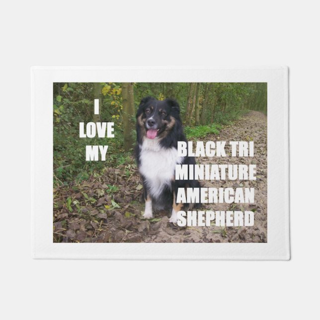 mini australian shepherd black tri love w pic doormat (Front)