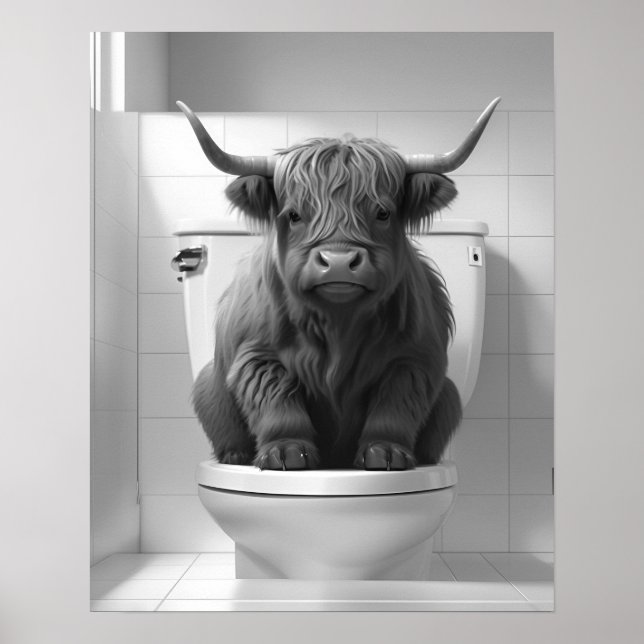 Mini Baby Highland Cow on Toilet Bathroom Poster (Front)