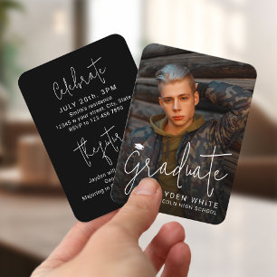 Mini Black Modern Script Photo Graduation Invite