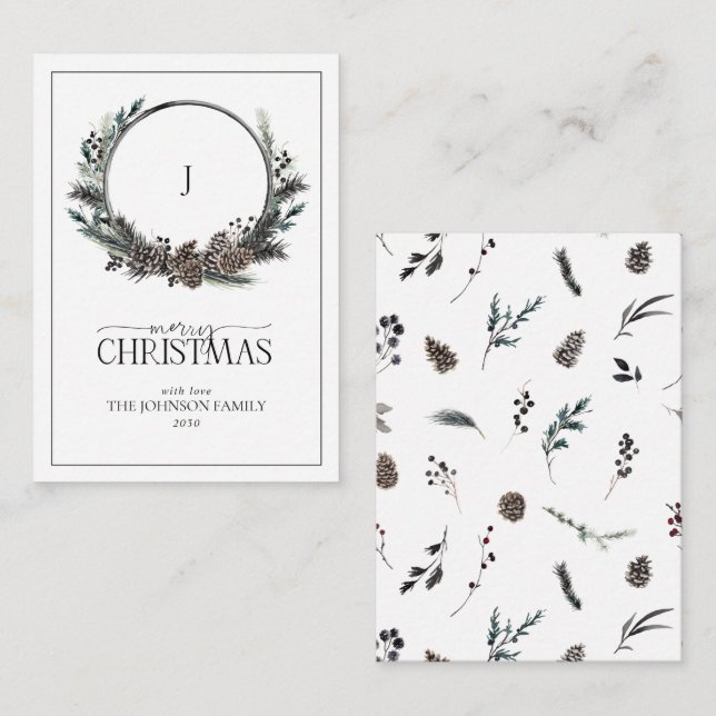 Mini Black Monogram Winter Wreath Merry Christmas Card (Front/Back)