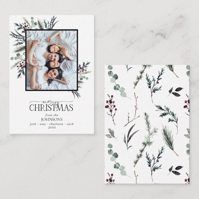 Mini Black Winter Botanical Photo Merry Christmas Card (Front/Back)