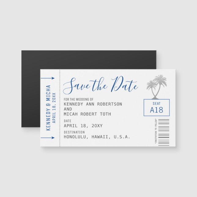Mini Blue Plane Ticket Beach Save the Date Magnet (Front/Back)