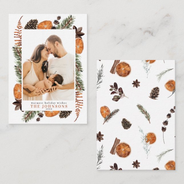 Mini Boho Rustic Orange Photo Christmas Script Card (Front/Back)