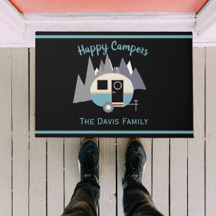 Mini Camper Trailer Blue on Black Doormat