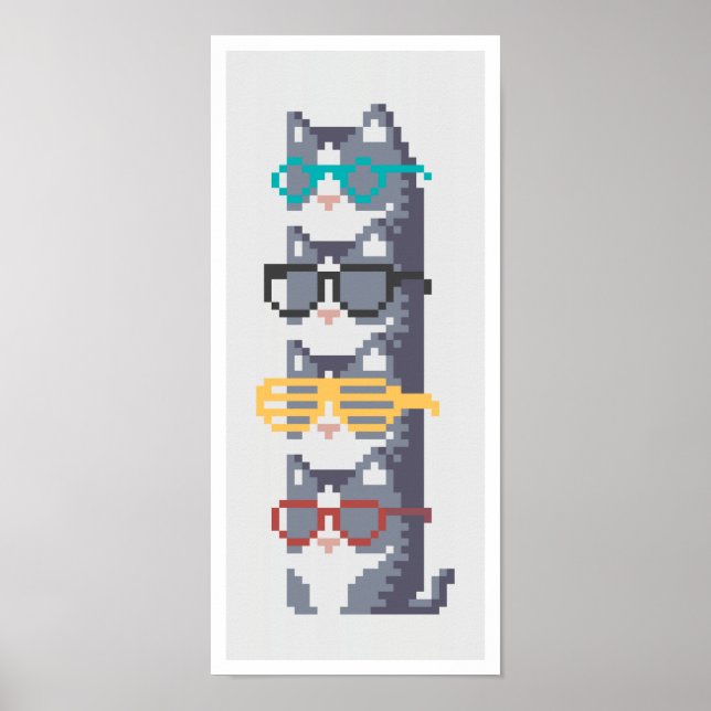Mini Cats In Glasses Pile Pixel Art Poster (Front)