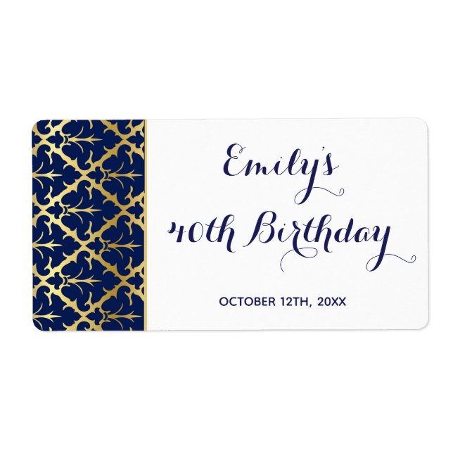 Mini champagne bottle label navy blue gold damask (Front)