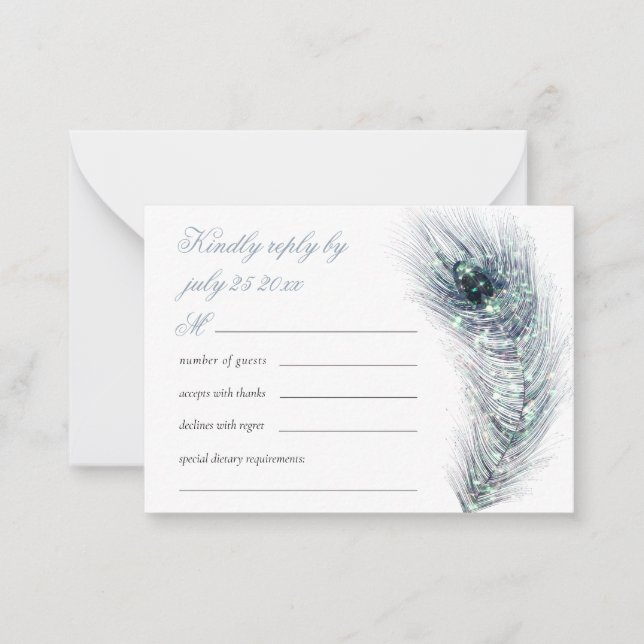 MINI Elegant peacock Feather Teal Wedding RSVP Card (Front)