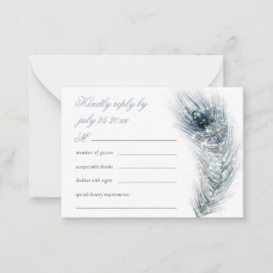 MINI Elegant peacock Feather Teal Wedding RSVP Card