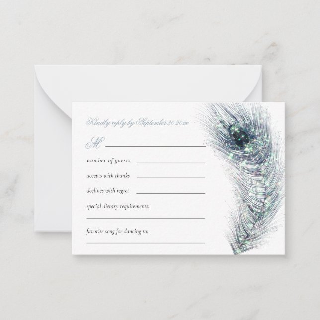 MINI Elegant Peacock Feather Teal Wedding RSVP  Card (Front)