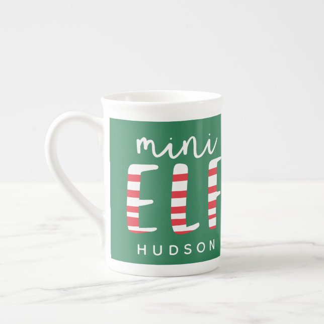 Mini Elf festive red, green and white Christmas Bone China Mug (Left)
