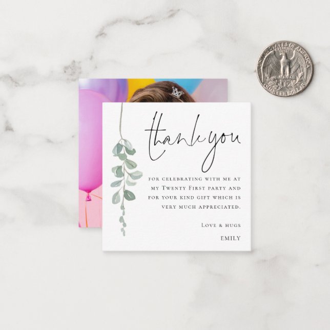 MINI Eucalyptus Photo Twenty First Thank You Card (Front/Back In Situ)