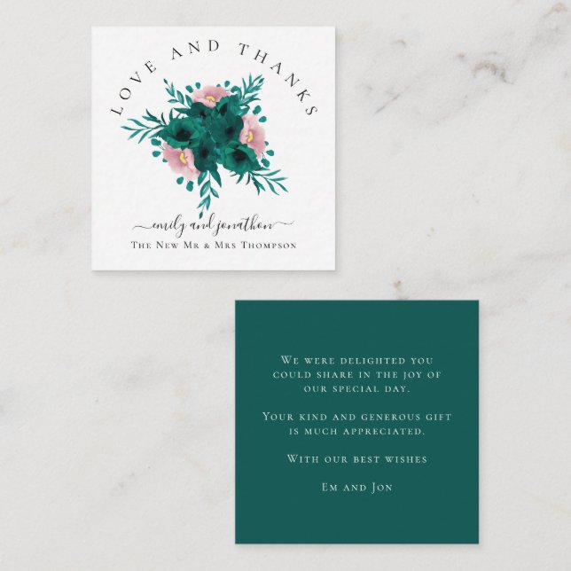 Mini Florals Emerald Pink Thank You Wedding Card (Front/Back)