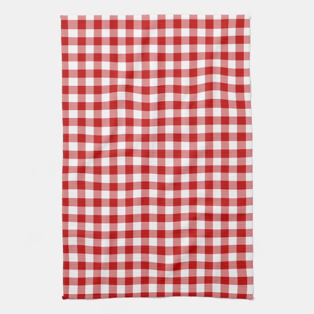 Mini Gingham Check Red White Plaid Pattern Tea Towel (Vertical)