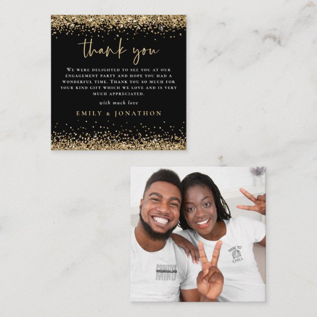 MINI Gold Glitter Photo Engagement Thanks Black Card (Front/Back)
