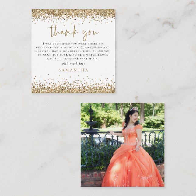 MINI Gold Glitter Photo Quinceañera Thank You Card (Front/Back)