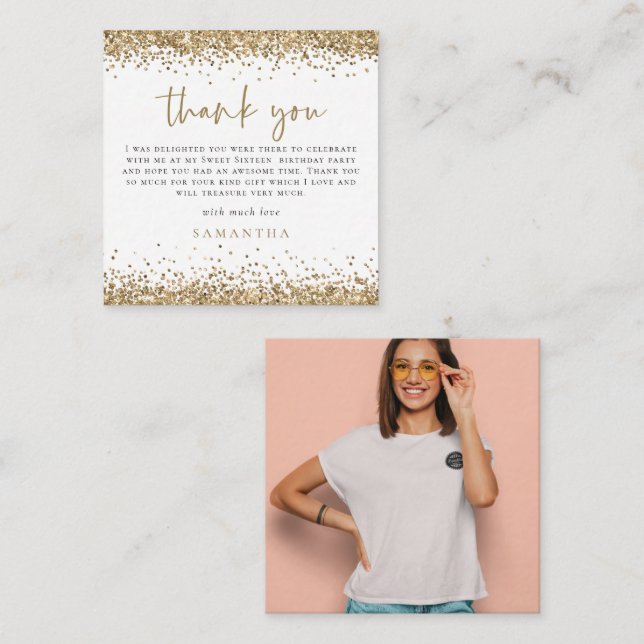 MINI Gold Glitter Photo Sweet Sixteen Thank You Card (Front/Back)