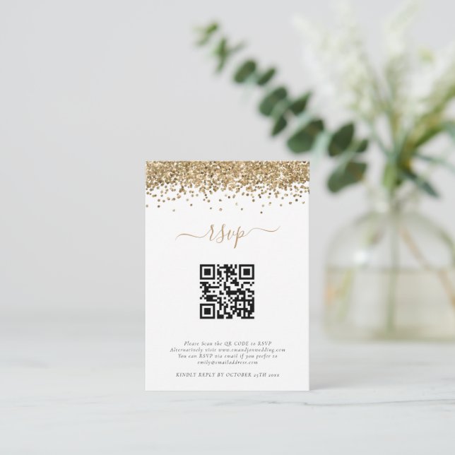Mini Gold Glitter QR Code Wedding RSVP  Enclosure Card (Standing Front)
