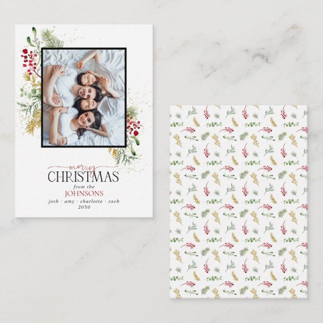 Mini Gold Winter Greenery Merry Christmas Photo Card (Front/Back)
