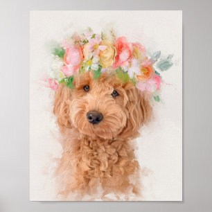 Mini Goldendoodle Dog Flower Crown Portrait Poster