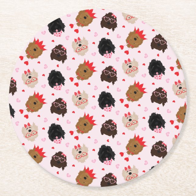 Mini Goldendoodle Dogs Valentines Day Round Paper Coaster (Front)