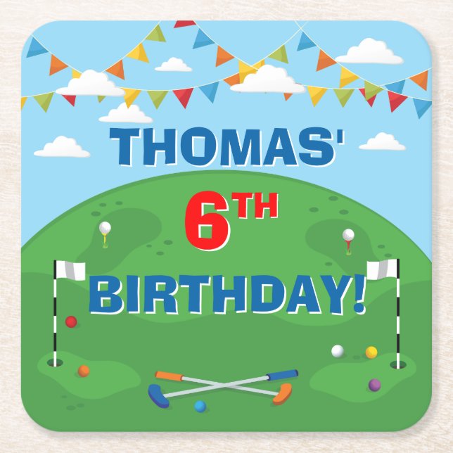 Mini Golf Putt Putt Boys Birthday Party Square Paper Coaster (Front)