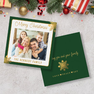 Mini Green Border Gold Snowflake Christmas Photo Card