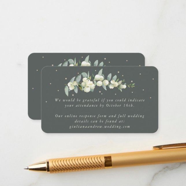 Mini Grey Green Snowberry+Eucalyptus Online RSVP Enclosure Card (Front/Back In Situ)