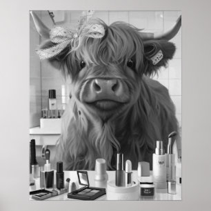 Mini Highland Cow Pink Ribbon & Beauty Products Poster