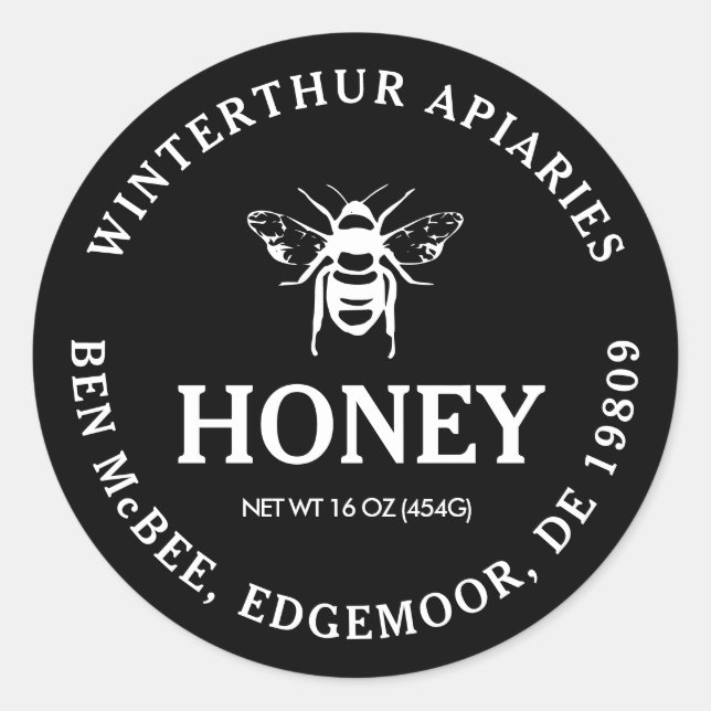 Mini Honey Jar Lid Label with Bee on Black (Front)