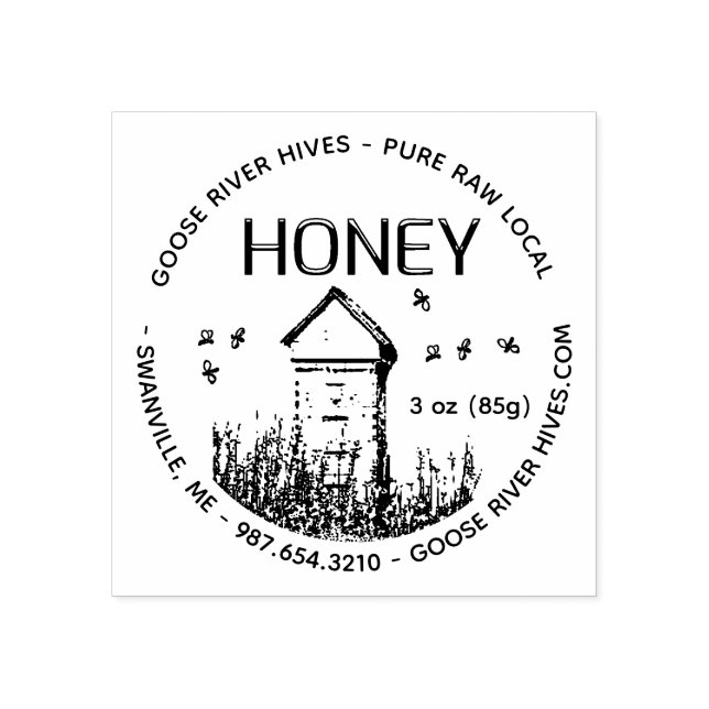 Mini Honey Label Rubber Stamp with Hive and Bees (Imprint)