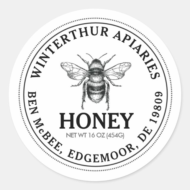 Mini Honey Mason Jar Lid Label with Bee on White (Front)