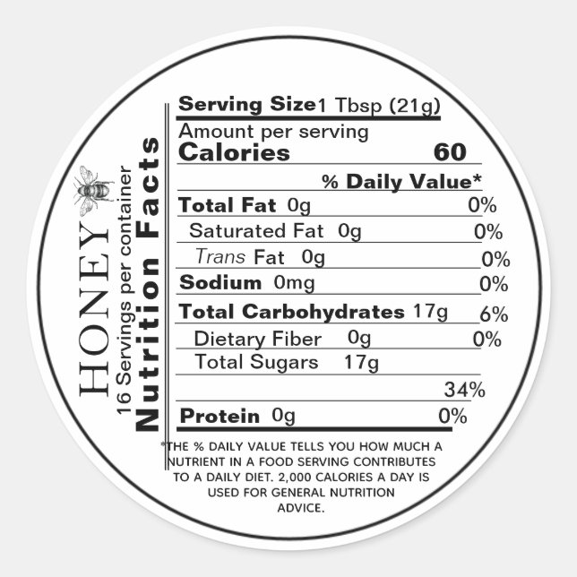 Mini Honey Nutrition Facts Round Label Bee (Front)