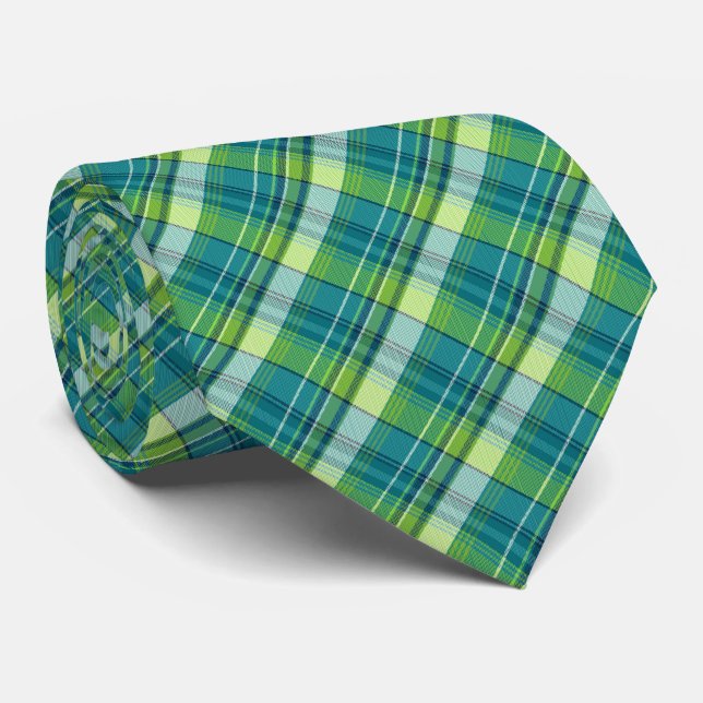 Mini Madras Plaid Teal and Lime Two-Sided Tie (Rolled)