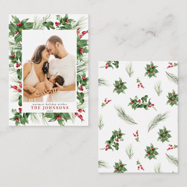 Mini Modern Photo Holly Berry Greenery Christmas Card (Front/Back)