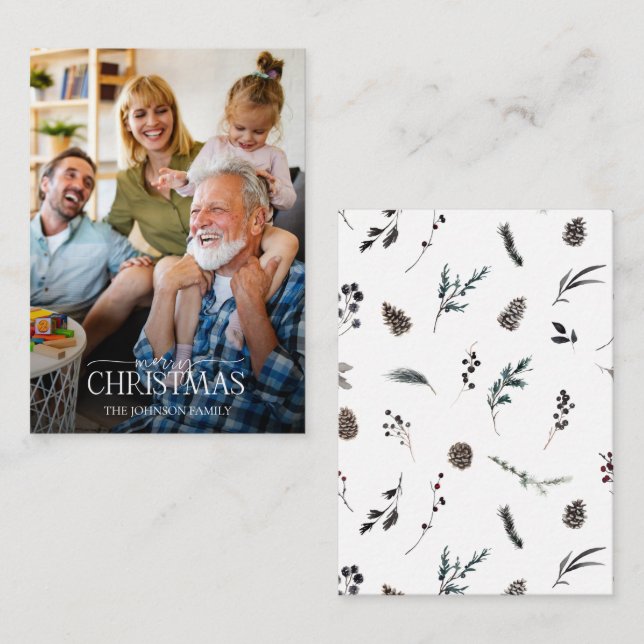 Mini Modern White Winter Merry Christmas Photo Card (Front/Back)