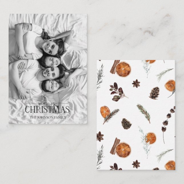 Mini Orange Merry Christmas Black & White Photo Card (Front/Back)