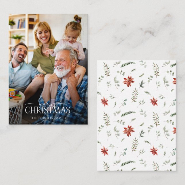 Mini Poinsettia Greenery Merry Christmas Photo Card (Front/Back)