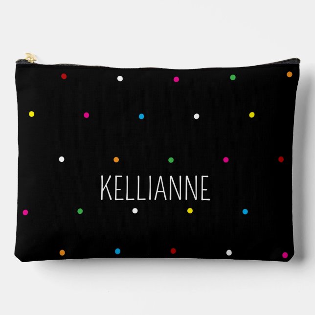 Mini Polka Dots and Name Black Accessory Pouch (Front)