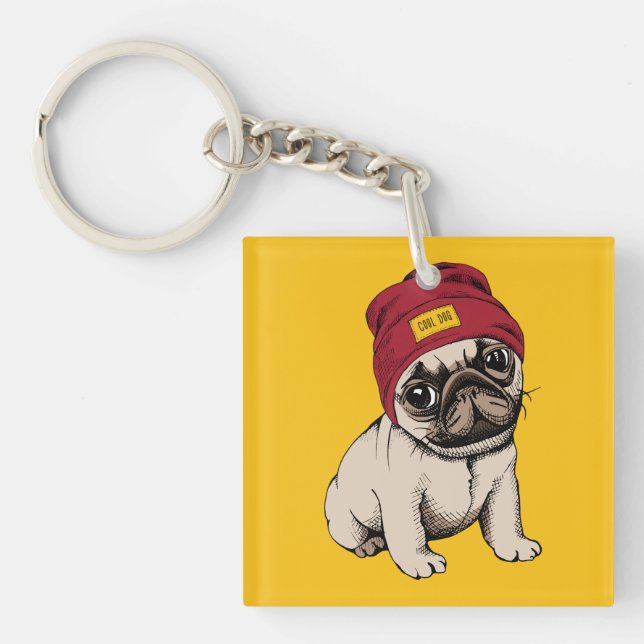 Mini Puppy Hipster Pug Key Ring (Front)