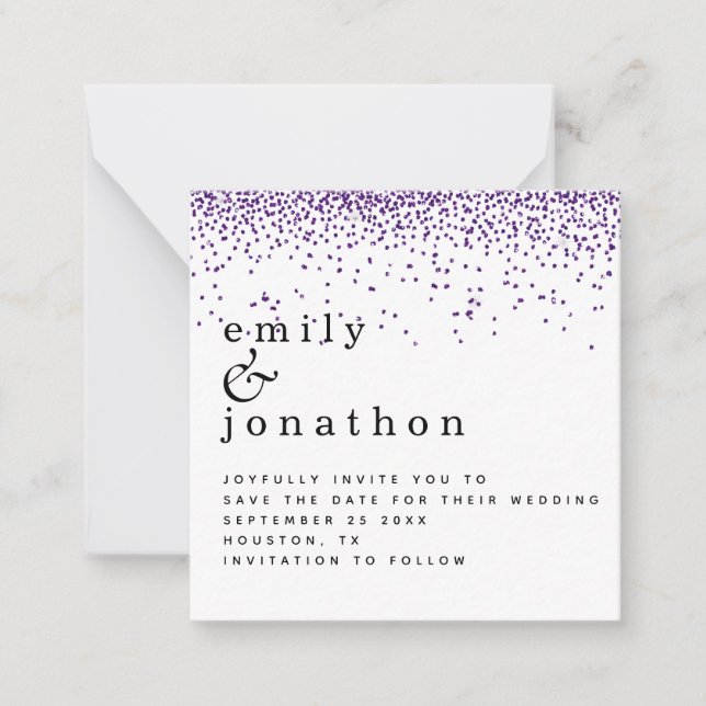 MINI Purple Glitter Confetti Wedding Save the Date Card (Front)