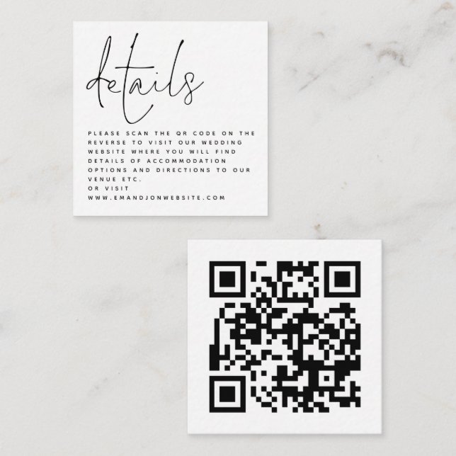 MINI QR code Script Black White Wedding Details Enclosure Card (Front/Back)