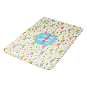 Mini Rainbow Toss on Yellow Retro Pattern Monogram Bath Mat