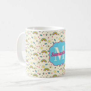 Mini Rainbow Toss on Yellow Retro Pattern Monogram Coffee Mug
