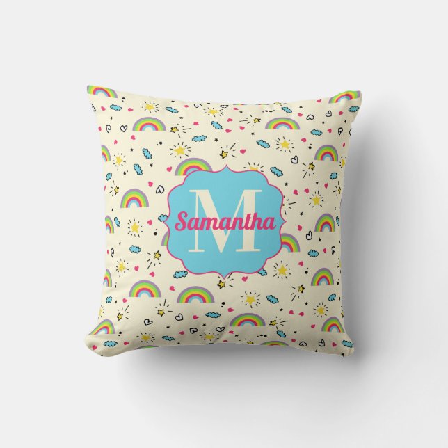 Mini Rainbow Toss on Yellow Retro Pattern Monogram Cushion (Front)