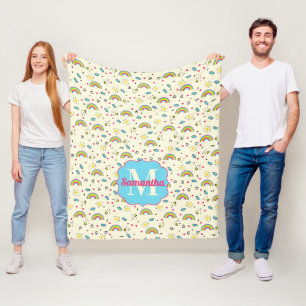 Mini Rainbow Toss on Yellow Retro Pattern Monogram Fleece Blanket