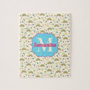 Mini Rainbow Toss on Yellow Retro Pattern Monogram Jigsaw Puzzle