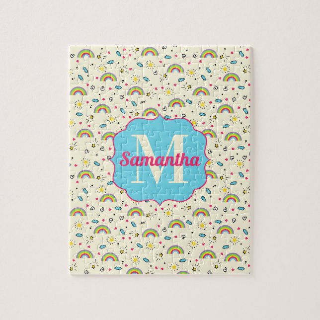 Mini Rainbow Toss on Yellow Retro Pattern Monogram Jigsaw Puzzle (Vertical)
