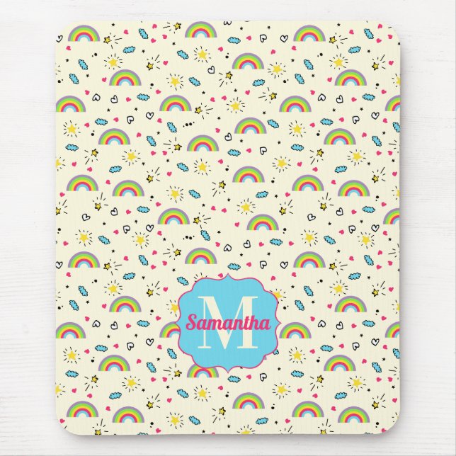 Mini Rainbow Toss on Yellow Retro Pattern Monogram Mouse Mat (Front)